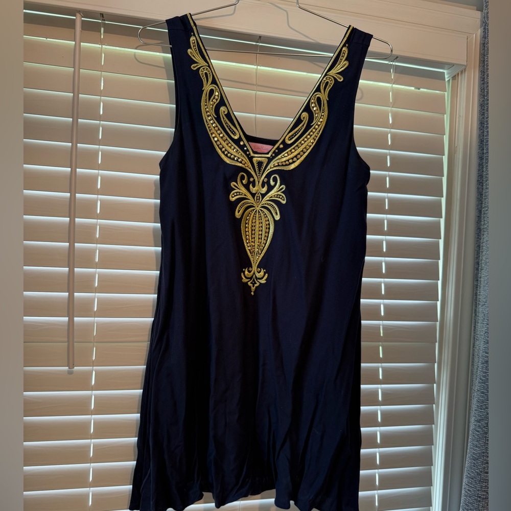 Owen Dress, True Navy Gold Embroidered with pockets